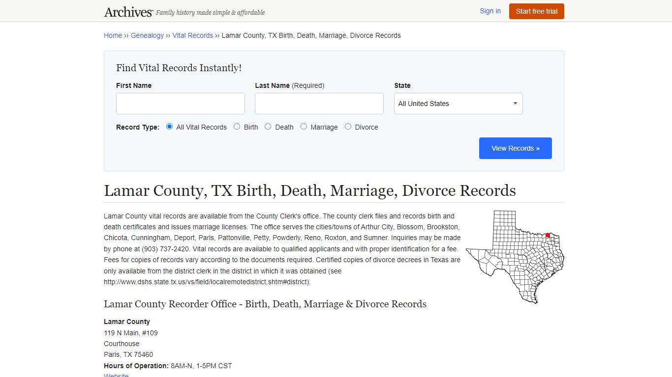 Lamar County, TX Birth, Death, Marriage, Divorce Records - Archives.com